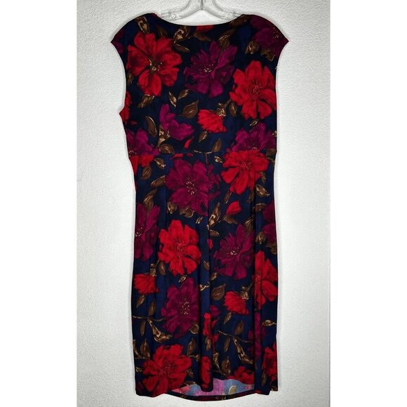 Chaps Dress Womens XL Dark Floral Ruched Cap Sleeve Surplice Sheath Stretch - Picture 2 of 10